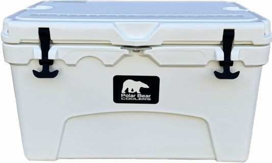 Polar Bear 45 Hard Cooler in white, durable insulated cooler with sturdy lid and handles, ideal for outdoor use.