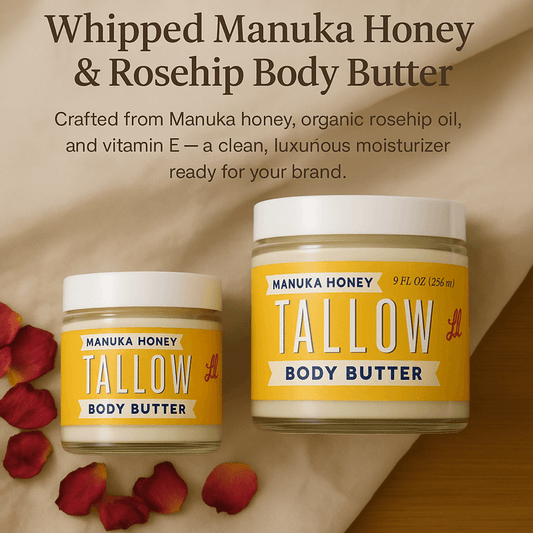 Lady May Tallow Manuka Honey and Rosehip body butter in a jar, creamy lotion with natural ingredients and floral scent.
