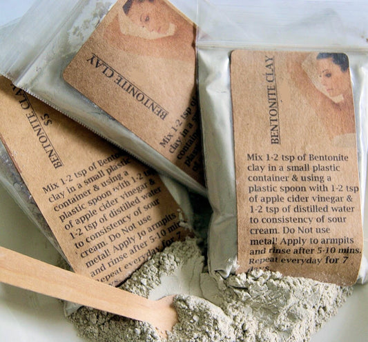 Organic Sweet Harvest Farms Bentonite Clay mask in a jar, used for detoxing arm pits and skin purification.