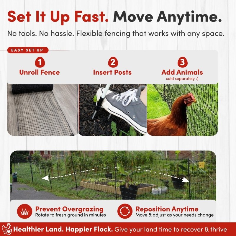 RentACoop black non-electric boundary fence, durable poultry fencing with stakes for secure outdoor enclosure.