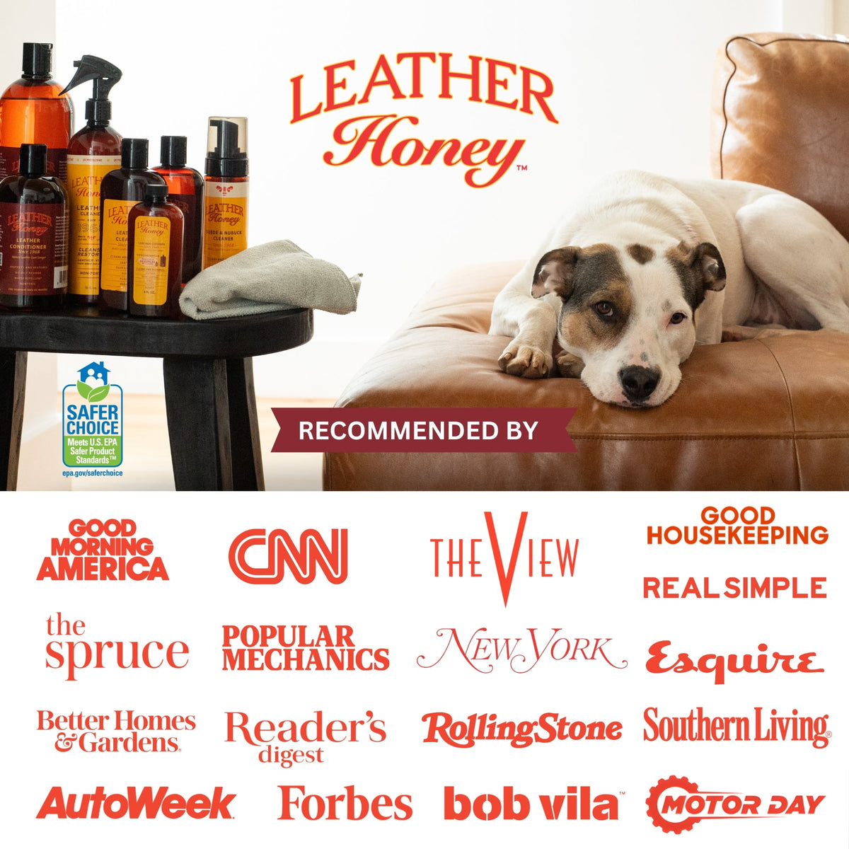 Leather Honey Leather Cleaner bottle with label, showcasing a clear liquid cleaner for leather surfaces and upholstery.