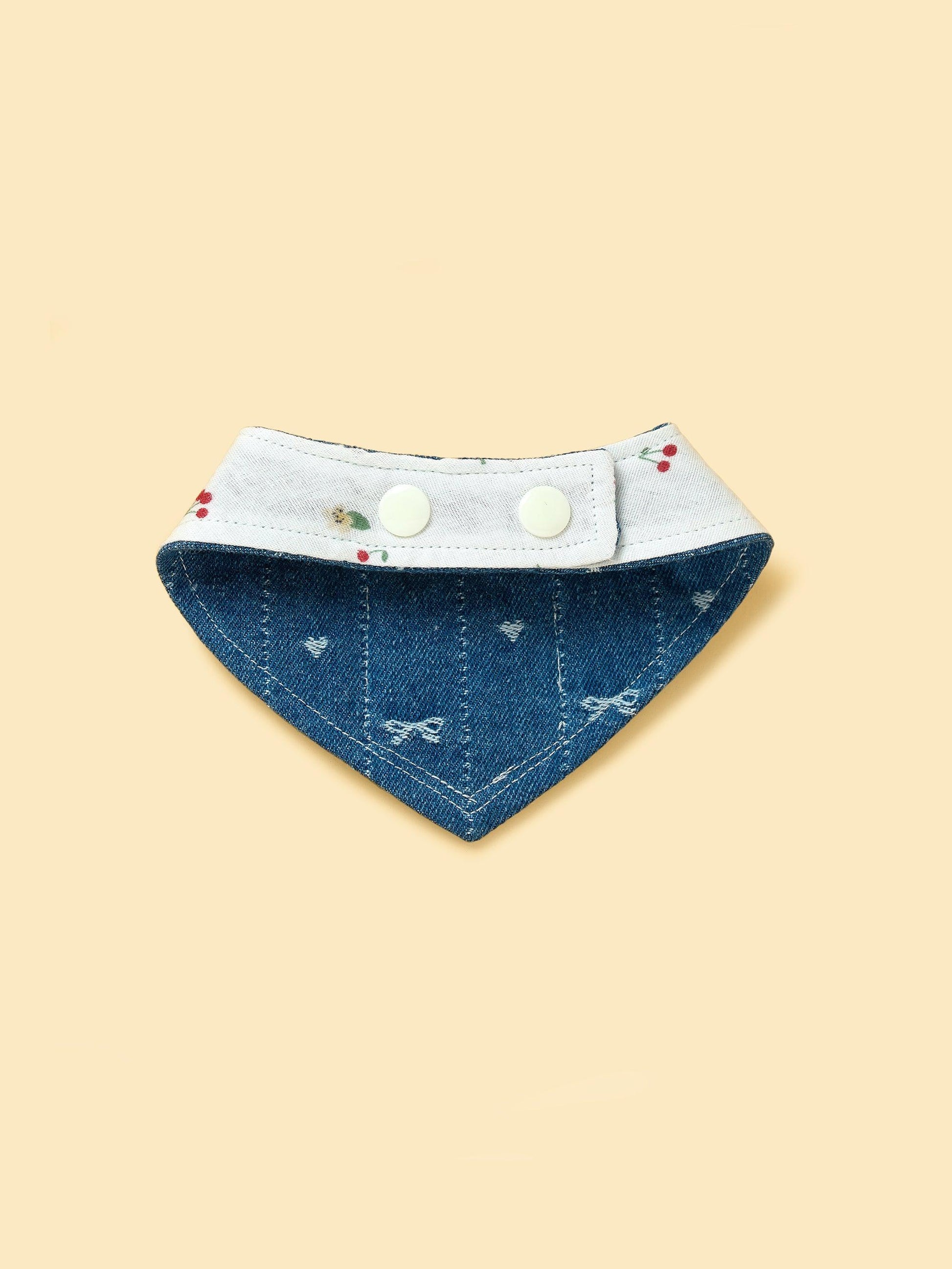 Reversible denim cherry pet bandana by BarkBarkBaby featuring a stylish cherry print and adjustable fit for dogs.