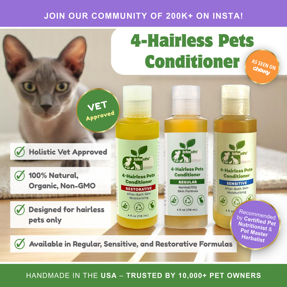 ReNewedPet 4-Hairless Pets Sensitive Conditioner bottle with label, designed for gentle pet skin and coat care.