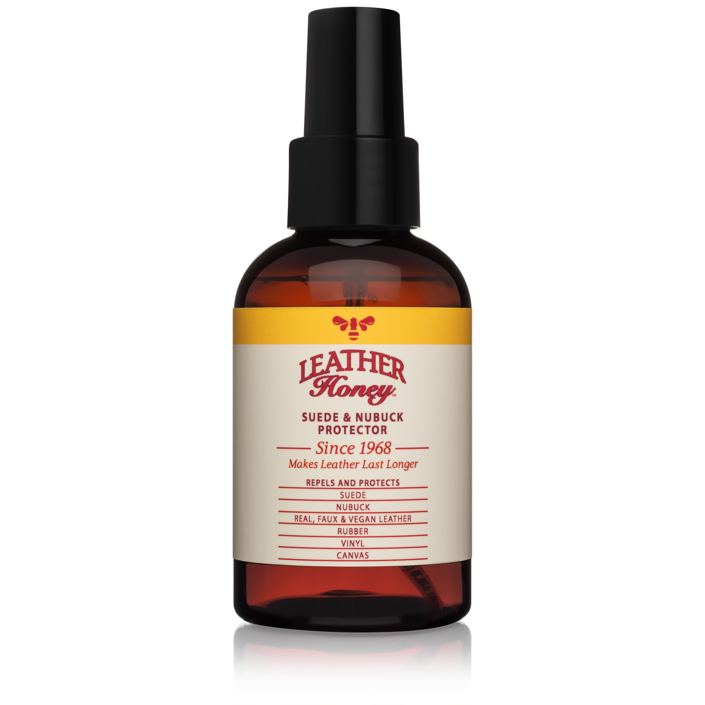 Leather Honey suede and nubuck protector spray in a 4oz bottle, designed for leather care and protection from stains and water.
