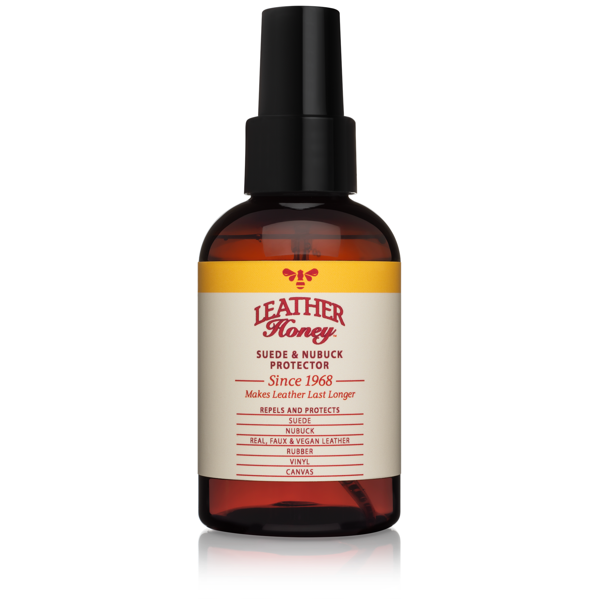 Leather Honey suede and nubuck protector spray in a 4oz bottle, designed for leather care and protection from stains and water.