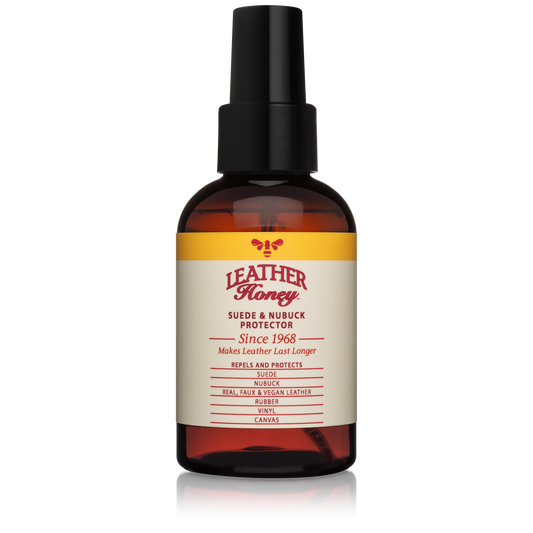 Leather Honey suede and nubuck protector spray in a 4oz bottle, designed for leather care and protection from stains and water.