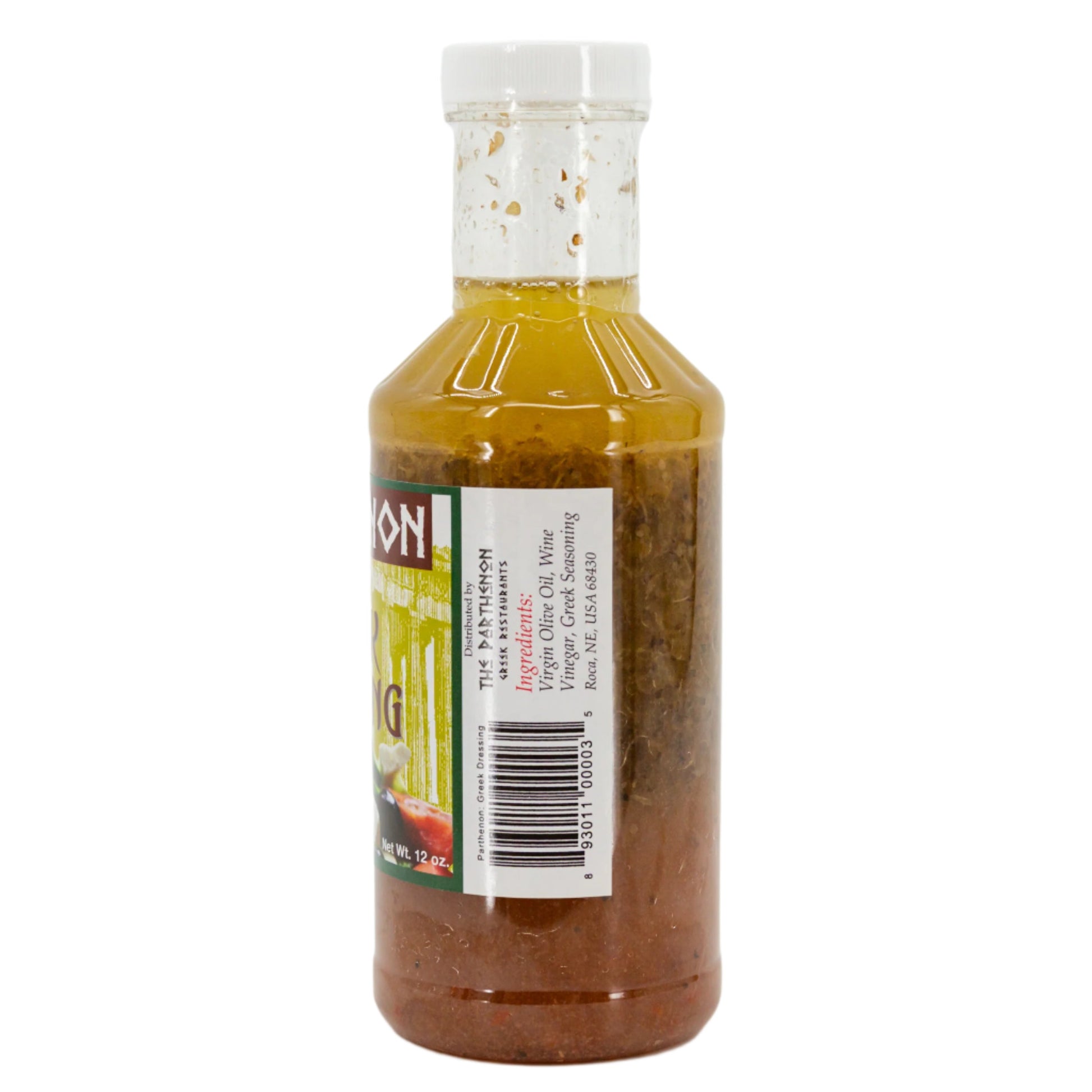 Homemade Greek dressing in a 12 oz bottle from The Parthenon Catering, featuring a creamy, herb-infused Greek salad dressing.