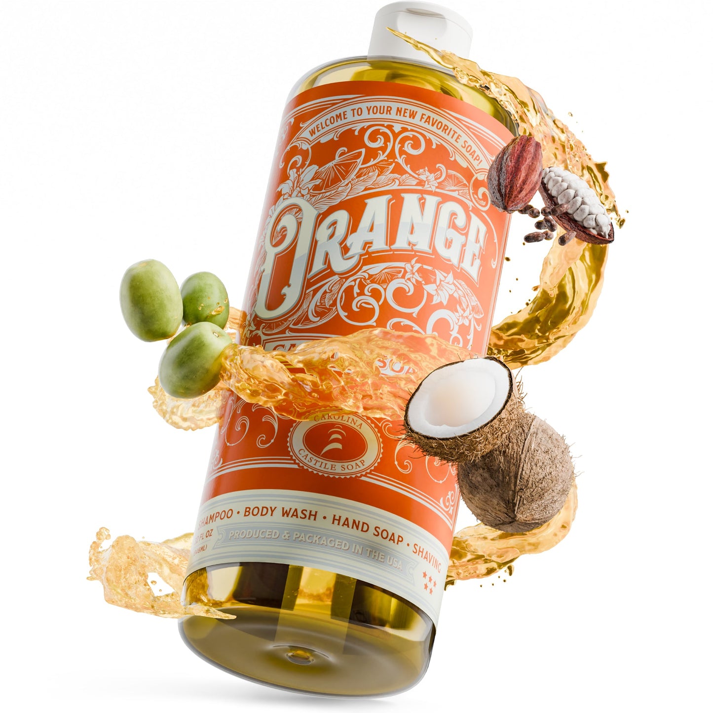 Bar of orange Carolina Castile Soap with natural citrus scent and textured surface, showcasing its rectangular shape and vibrant color.
