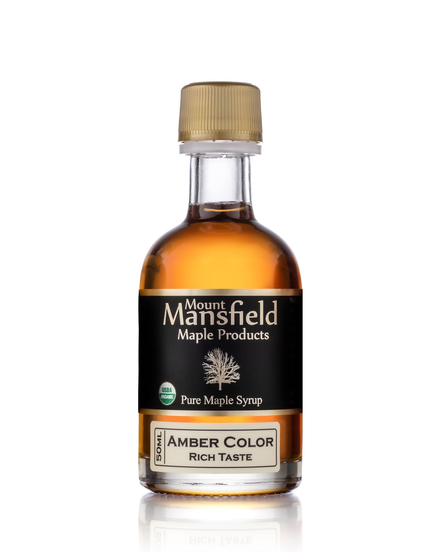 50ml bottle of Mount Mansfield Maple Products organic pure Vermont maple syrup in amber rich grade.