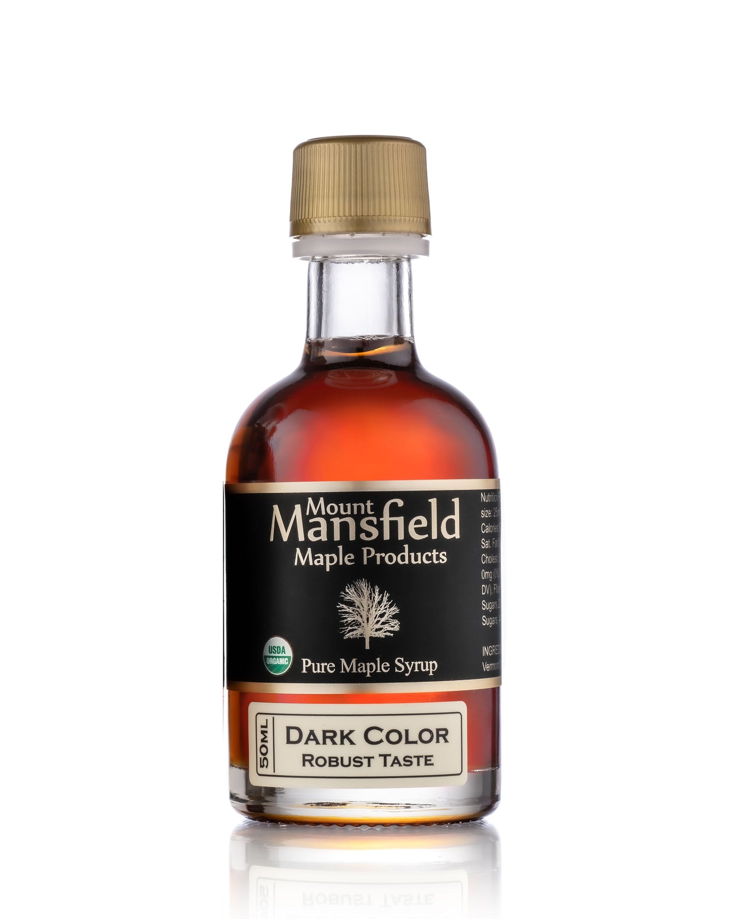 50ml dark robust Vermont maple syrup sampler from Mount Mansfield Maple Products, showcasing rich, pure maple syrup in a small glass bottle.