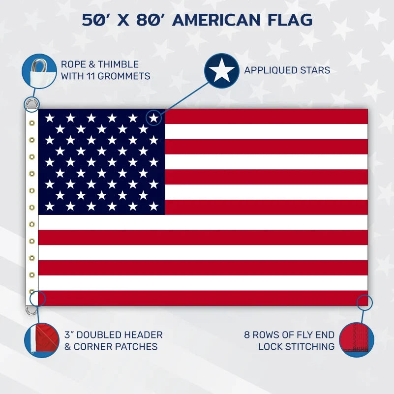Liberty™ nylon American flag in 50x80 inches, made in USA, featuring vibrant red, white, and blue colors with sewn stripes and stars.