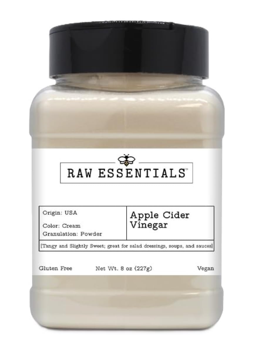 Raw Essentials Apple Cider Vinegar Powder in an 8-ounce bottle, gluten-free and vegan, perfect for salads, dressings, soups, and sauces.