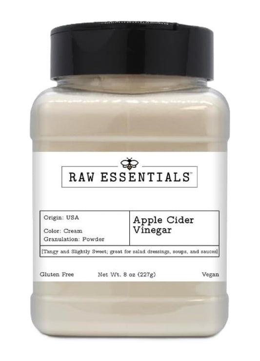 Raw Essentials Apple Cider Vinegar Powder in an 8-ounce bottle, gluten-free and vegan, perfect for salads, dressings, soups, and sauces.