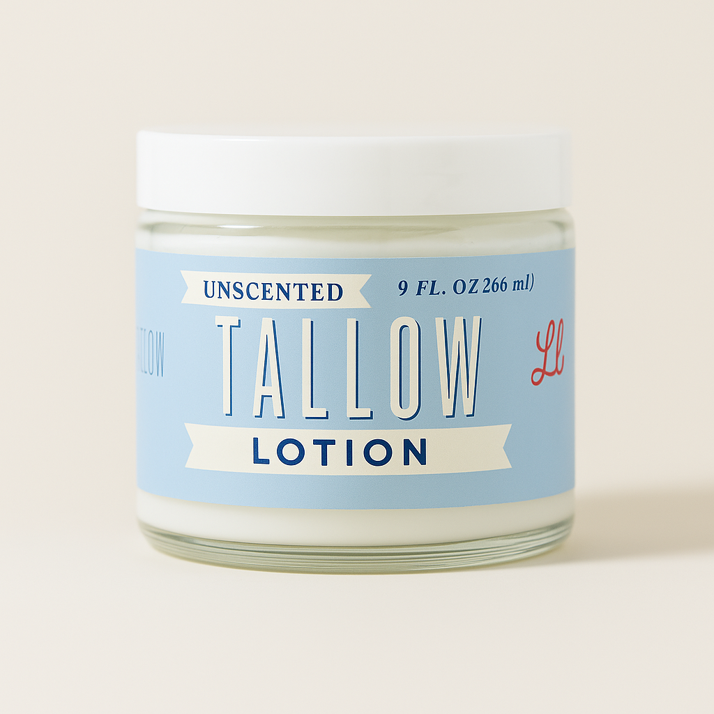 Unscented tallow body lotion by Lady May Tallow, preservative-free moisturizer with a smooth, creamy texture for nourishing skin.