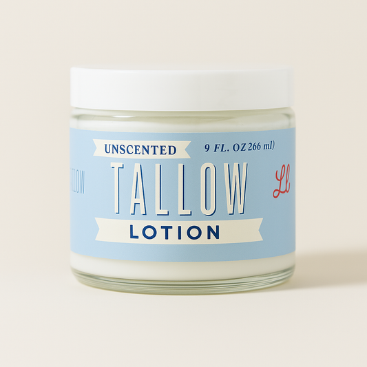 Unscented tallow body lotion by Lady May Tallow, preservative-free moisturizer with a smooth, creamy texture for nourishing skin.