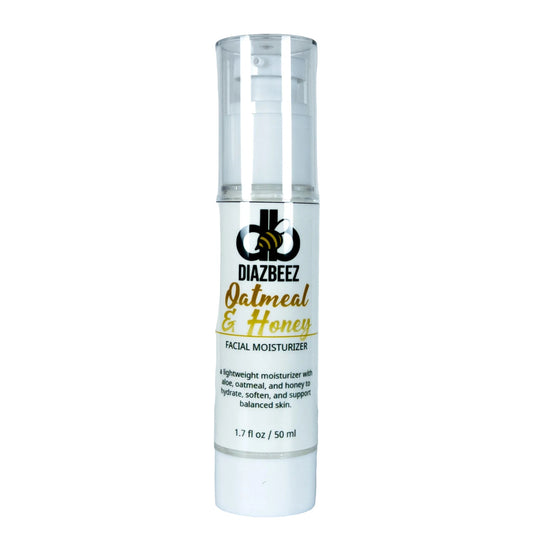 Diaz Beez oatmeal and honey facial moisturizer jar with a white lid and label, showing the nourishing skincare product.