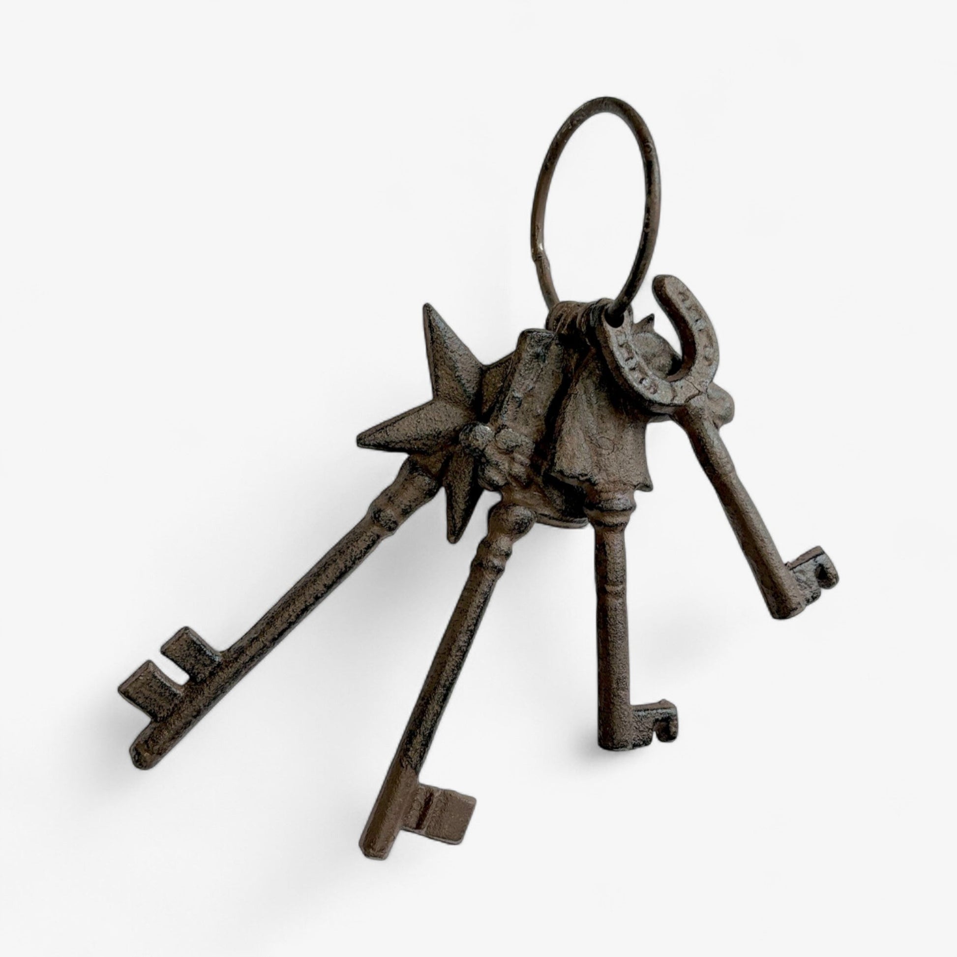 Rustic cast iron antique key set with ring from Iron & Blossom, featuring intricate designs for vintage home decor accents.