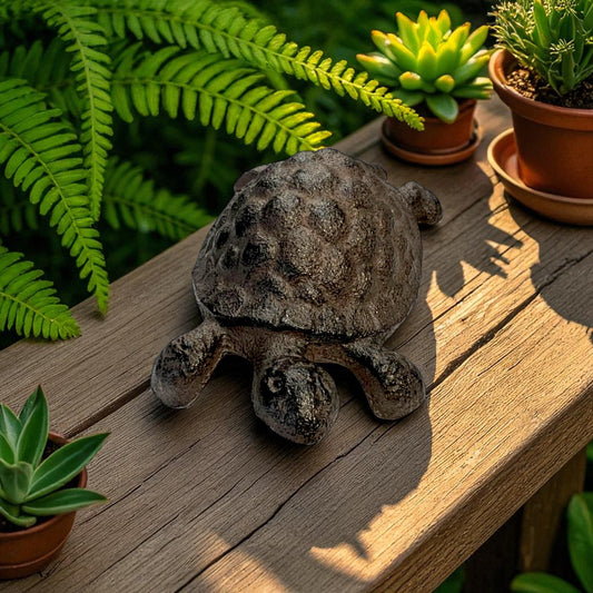 Rustic cast iron turtle garden statue by Iron & Blossom, featuring whimsical outdoor decor for yard or garden display.