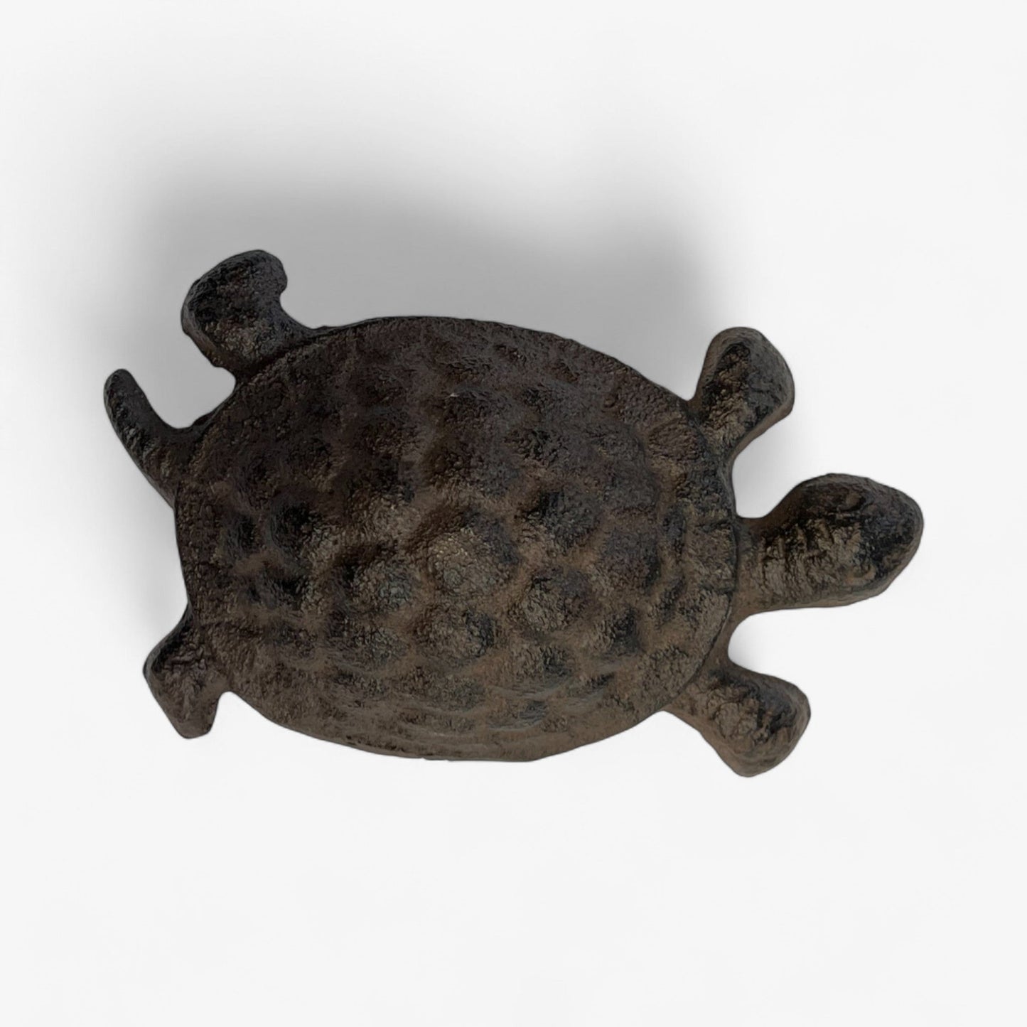 Rustic cast iron turtle garden statue by Iron & Blossom, whimsical outdoor decor for yard or garden display.