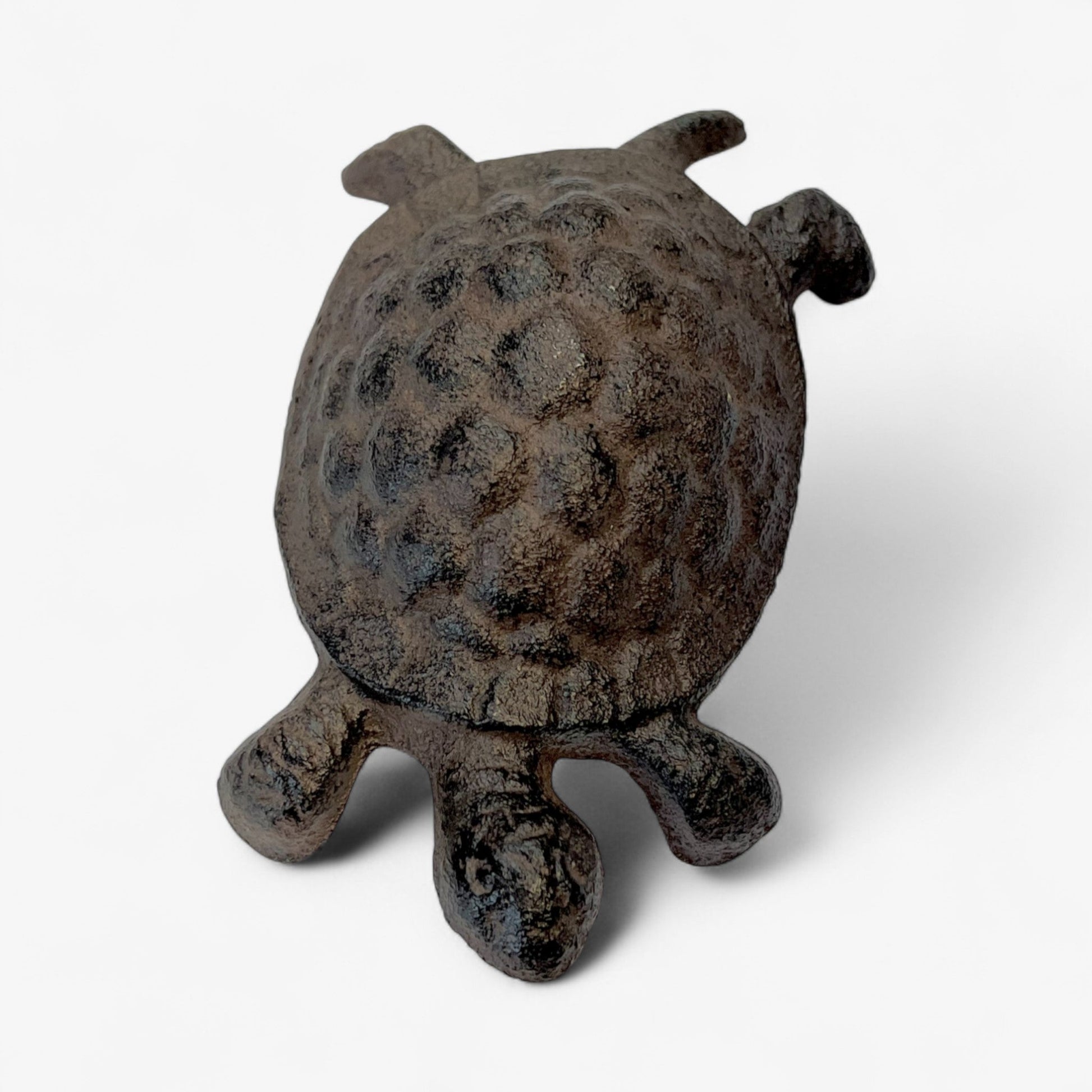 Rustic cast iron turtle garden statue by Iron & Blossom, whimsical outdoor decor for garden or yard display.