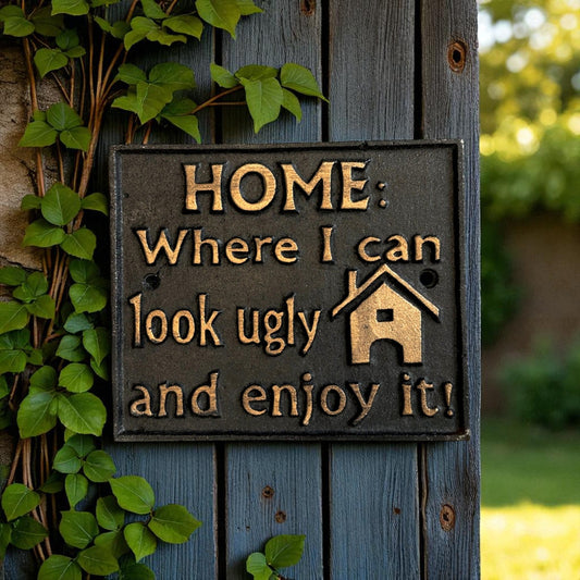 Rustic cast iron humorous home sign by Iron & Blossom, vintage wall decor with funny message and rustic finish.