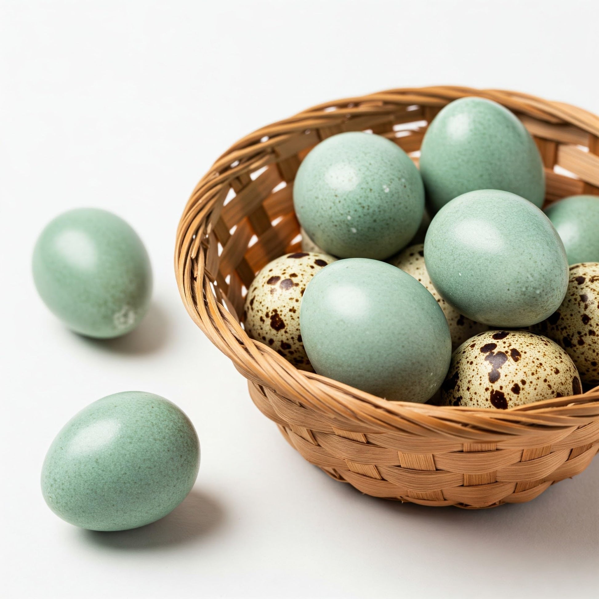 Celadon Coturnix hatching eggs from Quailz by Undique LLC, showing smooth, pastel-colored quail eggs in a natural setting.