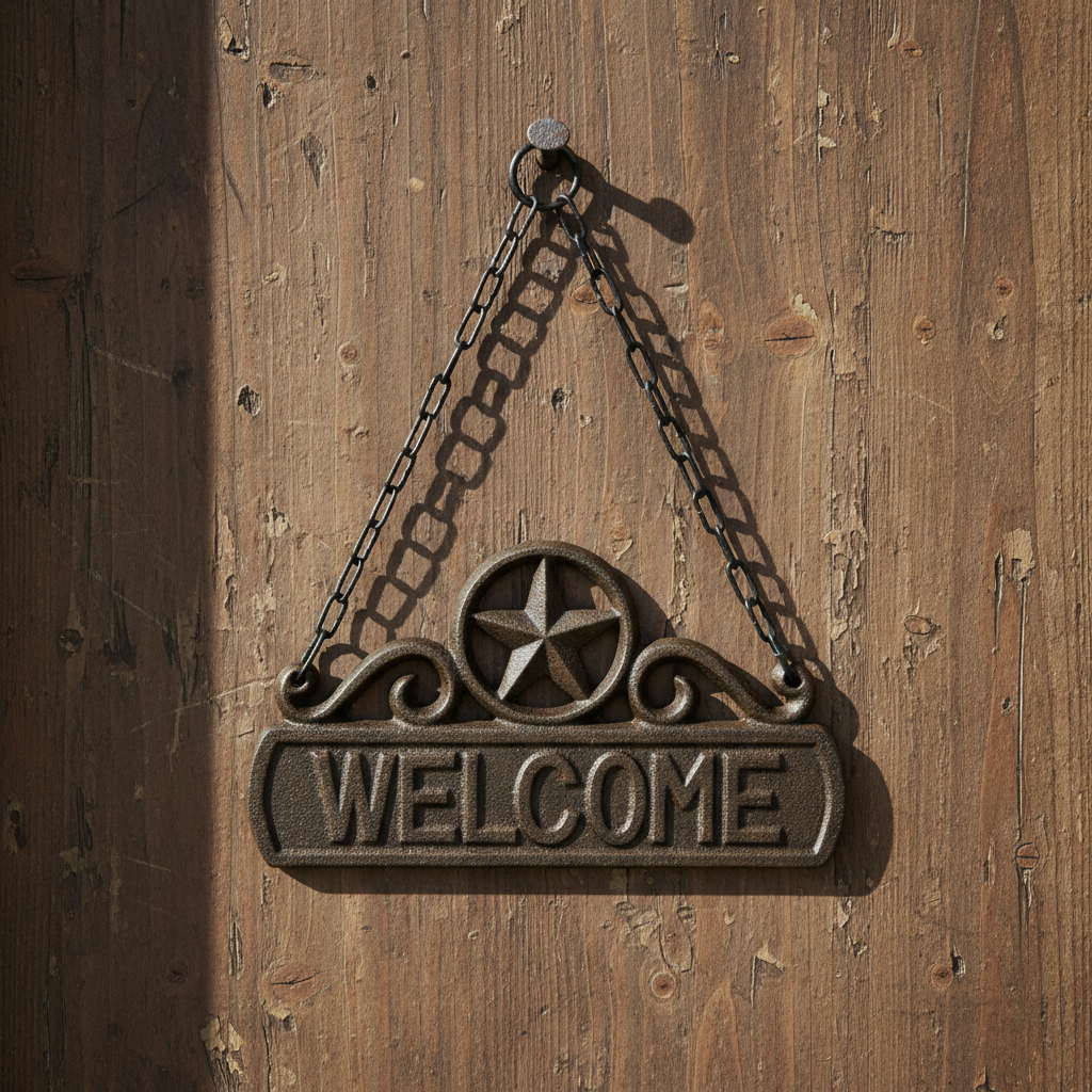 Rustic Iron & Blossom cast iron welcome sign plaque with chain, featuring a charming "Welcome" message for entryway decor.