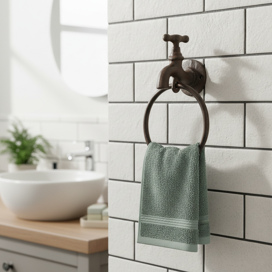 Iron & Blossom Quirky cast iron faucet towel holder with industrial farmhouse design for bathroom decor.