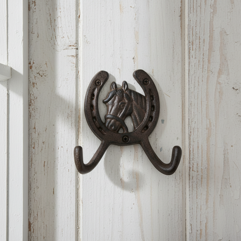 Rustic cast iron horseshoe wall hook with horse head design by Iron & Blossom, perfect for home decor and hanging coats or keys.