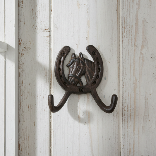 Rustic cast iron horseshoe wall hook with horse head design by Iron & Blossom, perfect for home decor and hanging coats or keys.