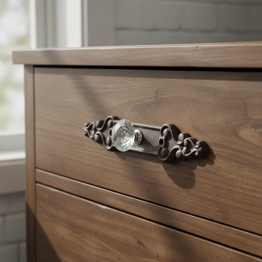 Elegant cast iron crystal drawer pull by Iron & Blossom featuring a faceted vintage cabinet knob for antique furniture decor.