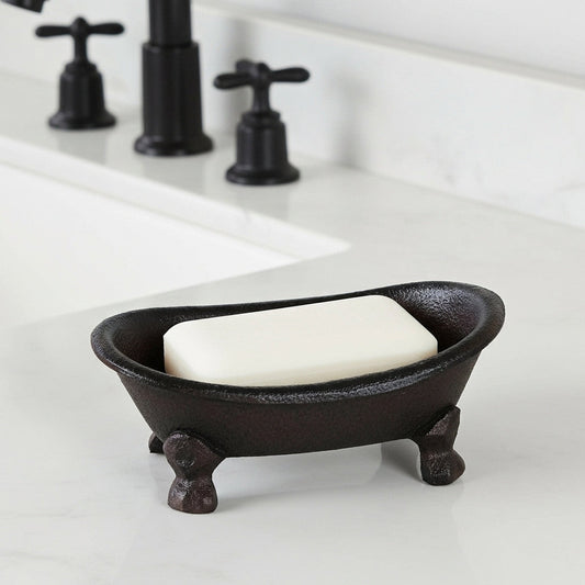 Vintage cast iron soap dish by Iron & Blossom, antique-style bathroom accessory with ornate design and durable metal construction.