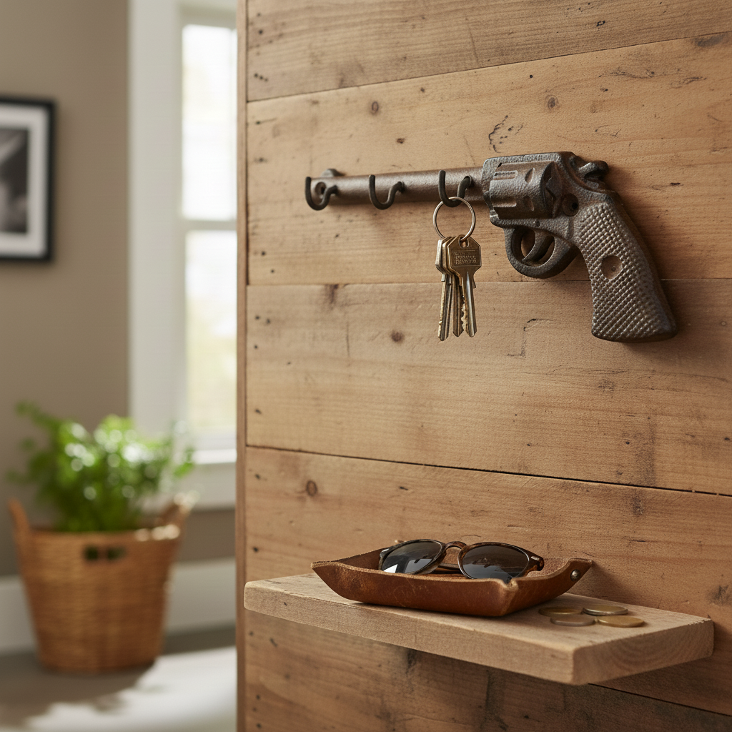 Vintage Iron & Blossom cast iron gun hooks wall organizer featuring Western revolver design and multiple hook points for hanging items.