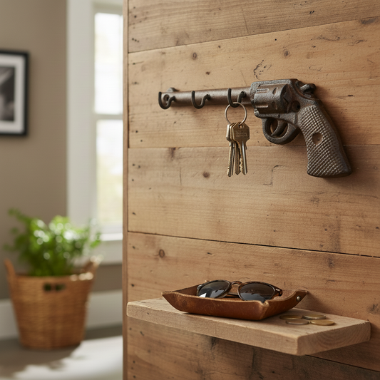Vintage Iron & Blossom cast iron gun hooks wall organizer featuring Western revolver design and multiple hook points for hanging items.