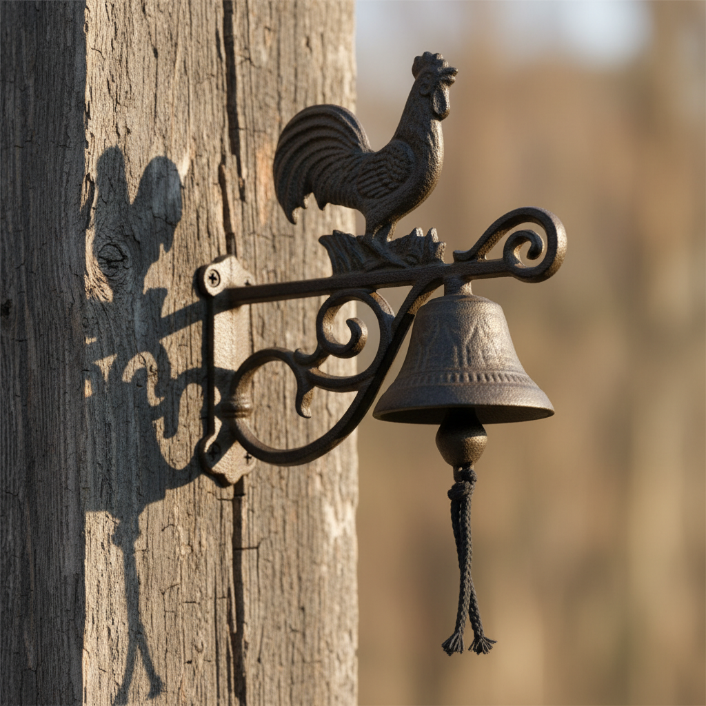 Rustic farmhouse cast iron rooster doorbell by Iron & Blossom, featuring a countryside welcome chime with detailed ironwork.