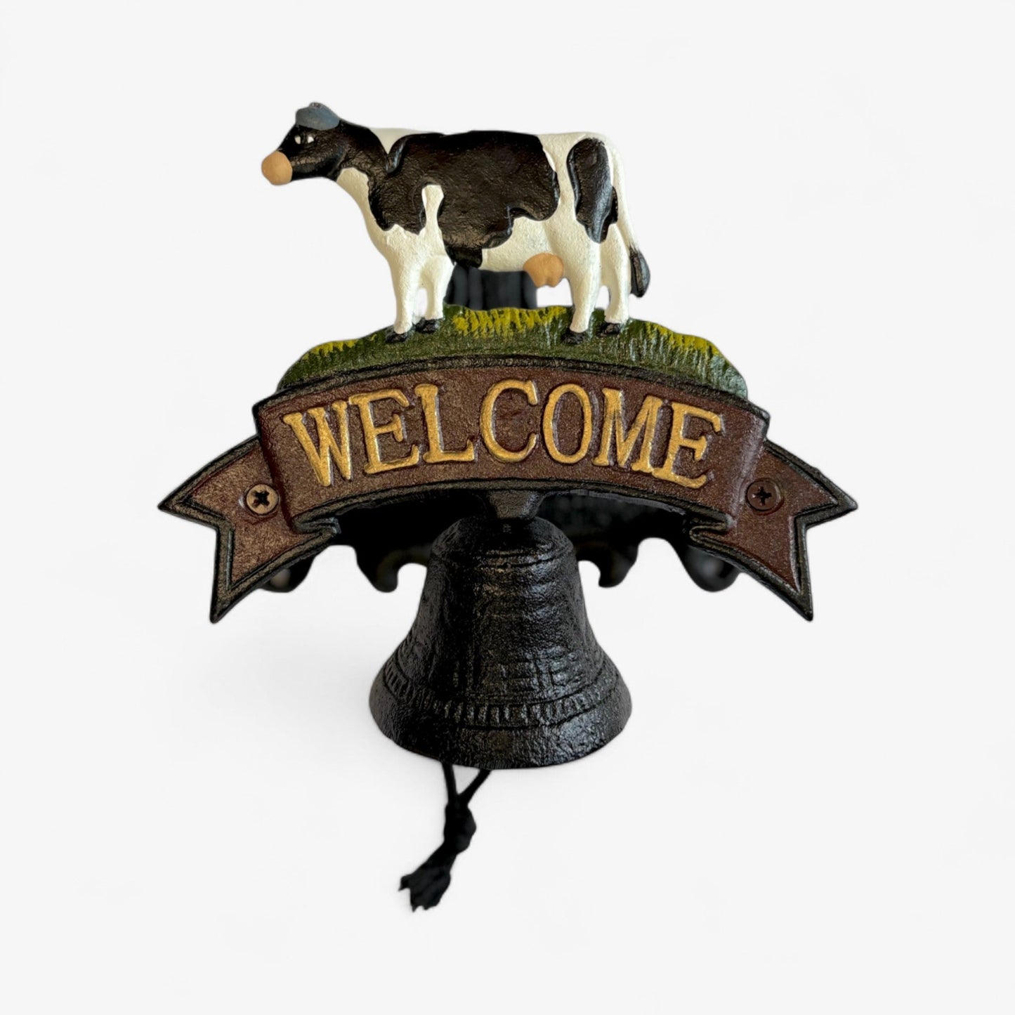 Rustic cast iron cow welcome bell sign by Iron & Blossom, farmhouse door decor featuring a charming cow design and rustic finish.