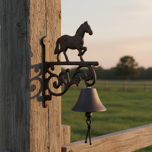 Rustic cast iron horse bell door chime by Iron & Blossom, featuring a detailed horse design perfect for farmhouse decor.