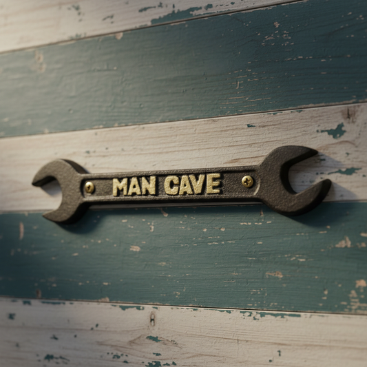 Rustic cast iron spanner wrench man cave plaque by Iron & Blossom, rugged industrial decor for garage or workshop wall.