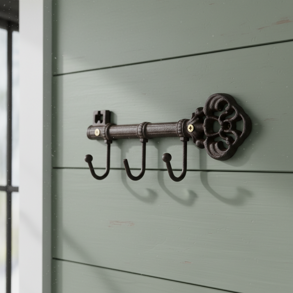 Antique-style cast iron key hook rack by Iron & Blossom, vintage wall organizer with multiple hooks for keys and small items.