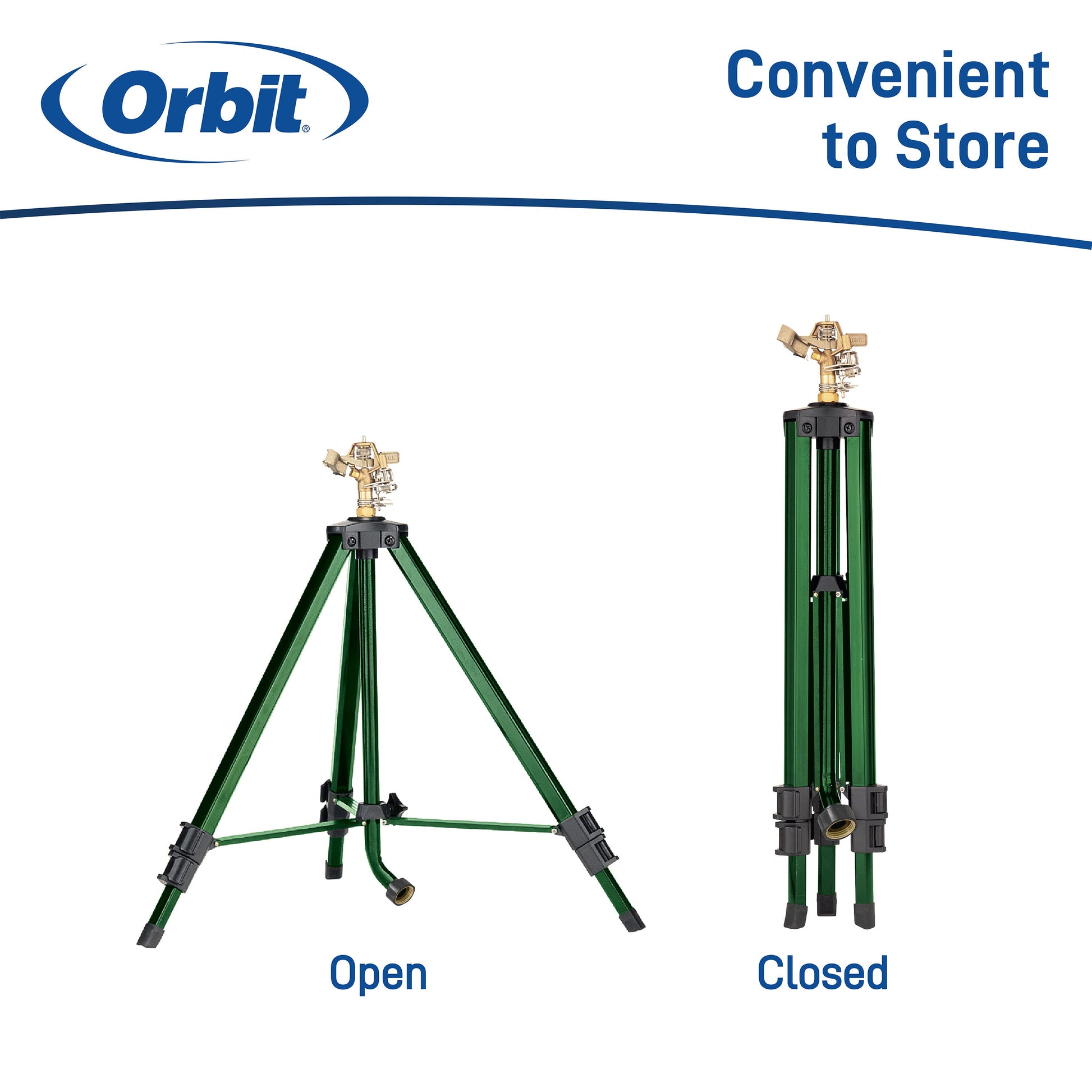 Orbit Irrigation 1/2 inch brass impact sprinkler on tripod base, designed for large area watering, with compact and sturdy build.