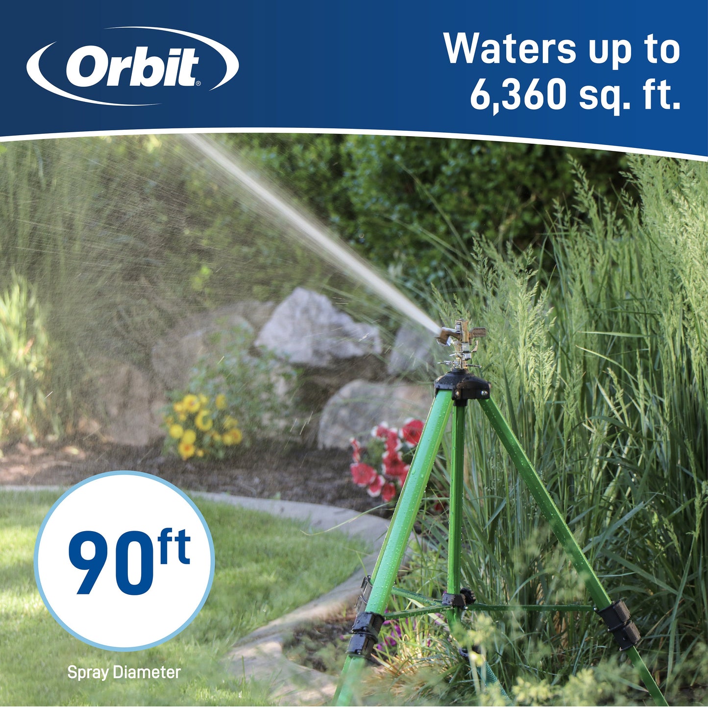 Orbit Irrigation 1/2 inch brass impact sprinkler on tripod base, designed for large area watering, with adjustable spray diameter.