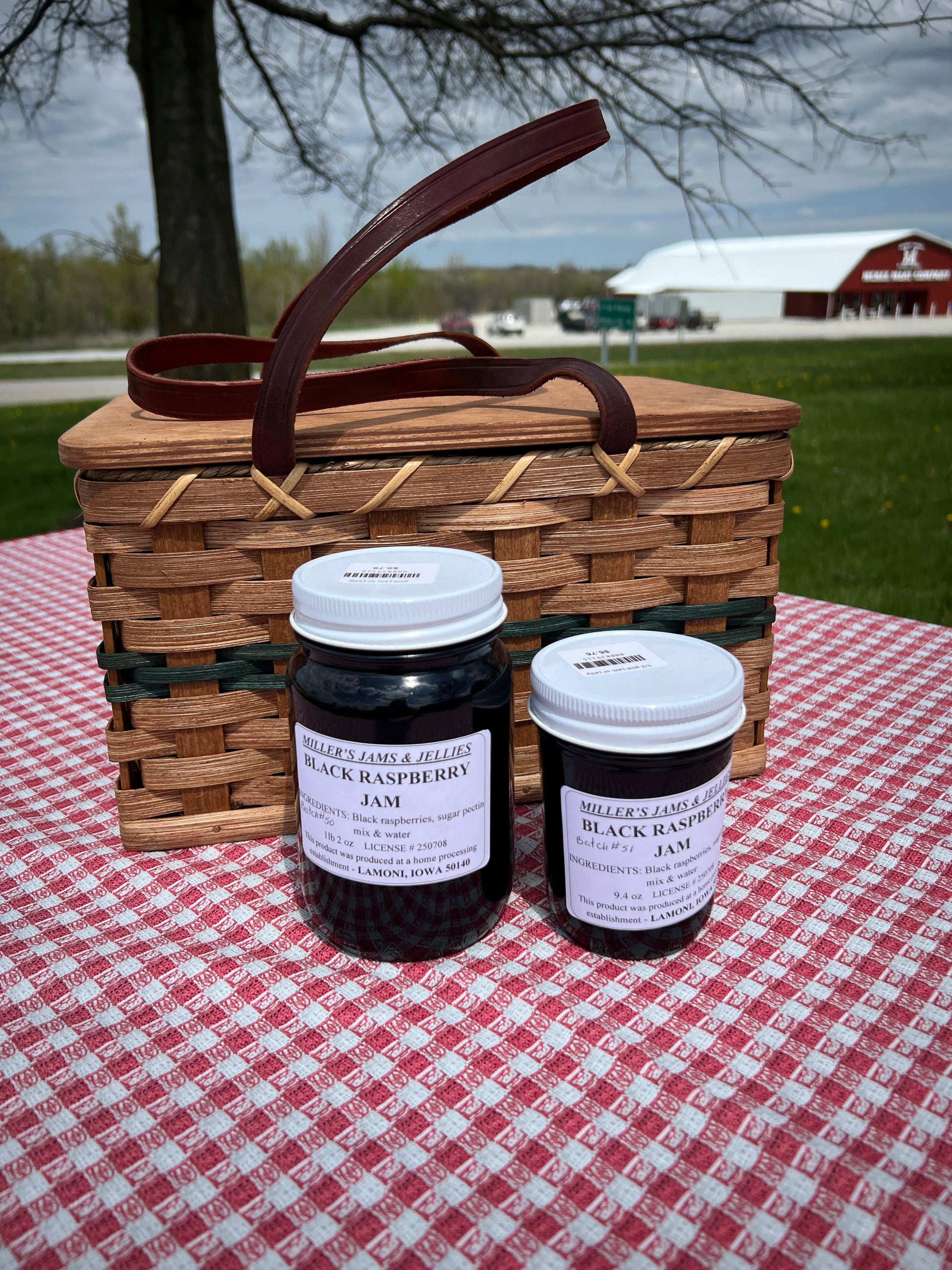 Amish Country Store black raspberry jam jar, authentic Amish-made Amish jam in a glass jar with a label.