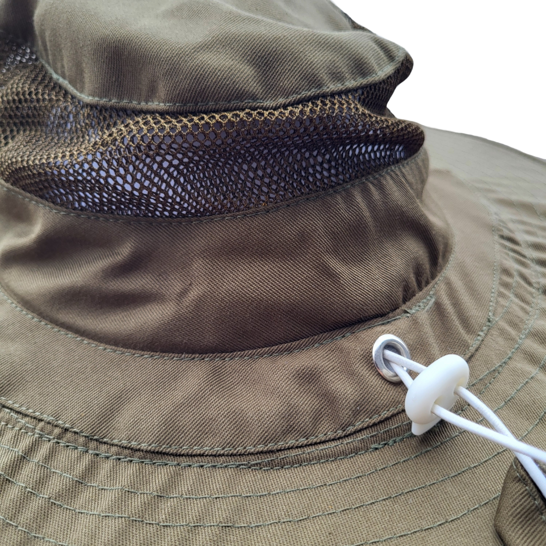 Round beekeeping veil from Foxhound Bee Company, protective fencing-style bee veil with mesh and sturdy fabric for hive safety.