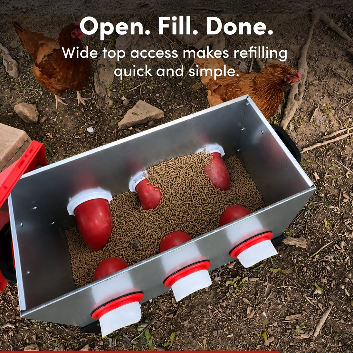 RentACoop Flock Feeder 65 6-Port feeder with multiple ports for poultry, designed for easy feeding and durable performance.