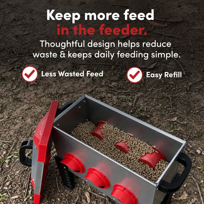 RentACoop Flock Feeder 15 6-Port, a 15lb poultry feeder with multiple ports for easy chicken feeding.