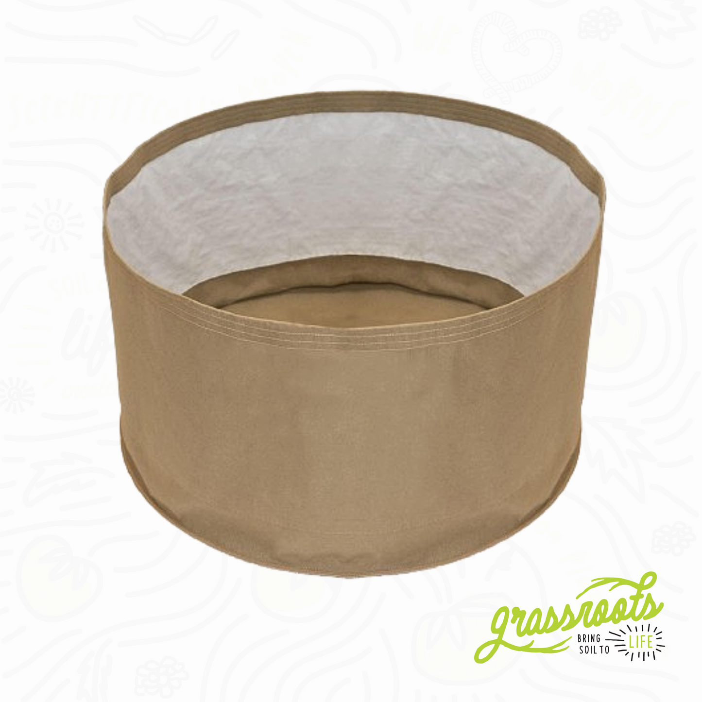 Living Soil Fabric Pot by Grassroots Fabric Pots, durable fabric container for healthy plant growth, shown with soil inside.