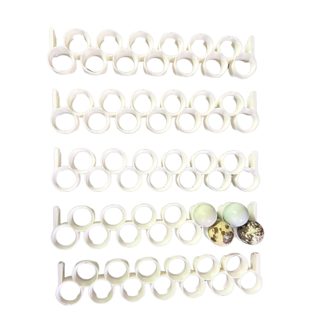 Set of five jumbo quail egg rails for Cimuka and Hatching Time CT-Series incubators by Quailz.com for efficient egg incubation.