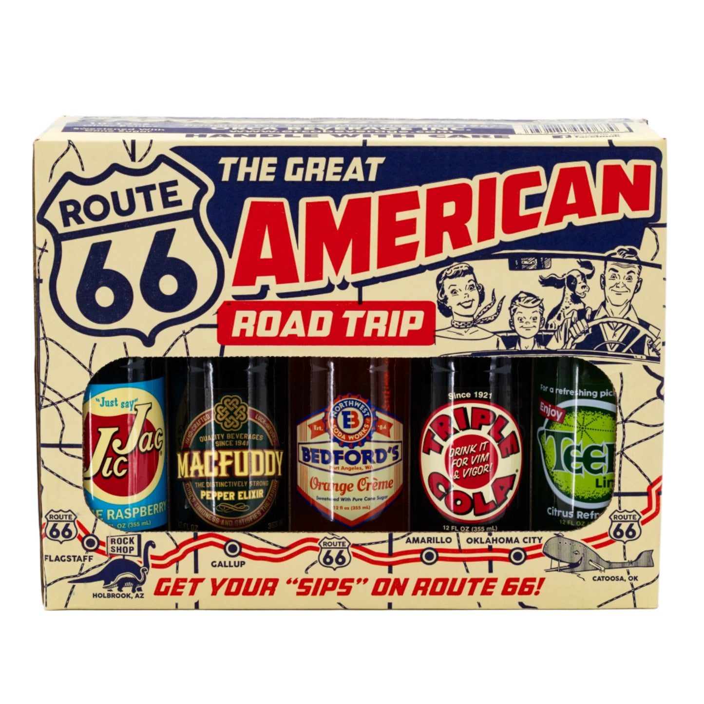 Six vintage soda bottles from The Great American Road Trip 10 pack by Brenmar, showcasing colorful labels and classic glass bottles.