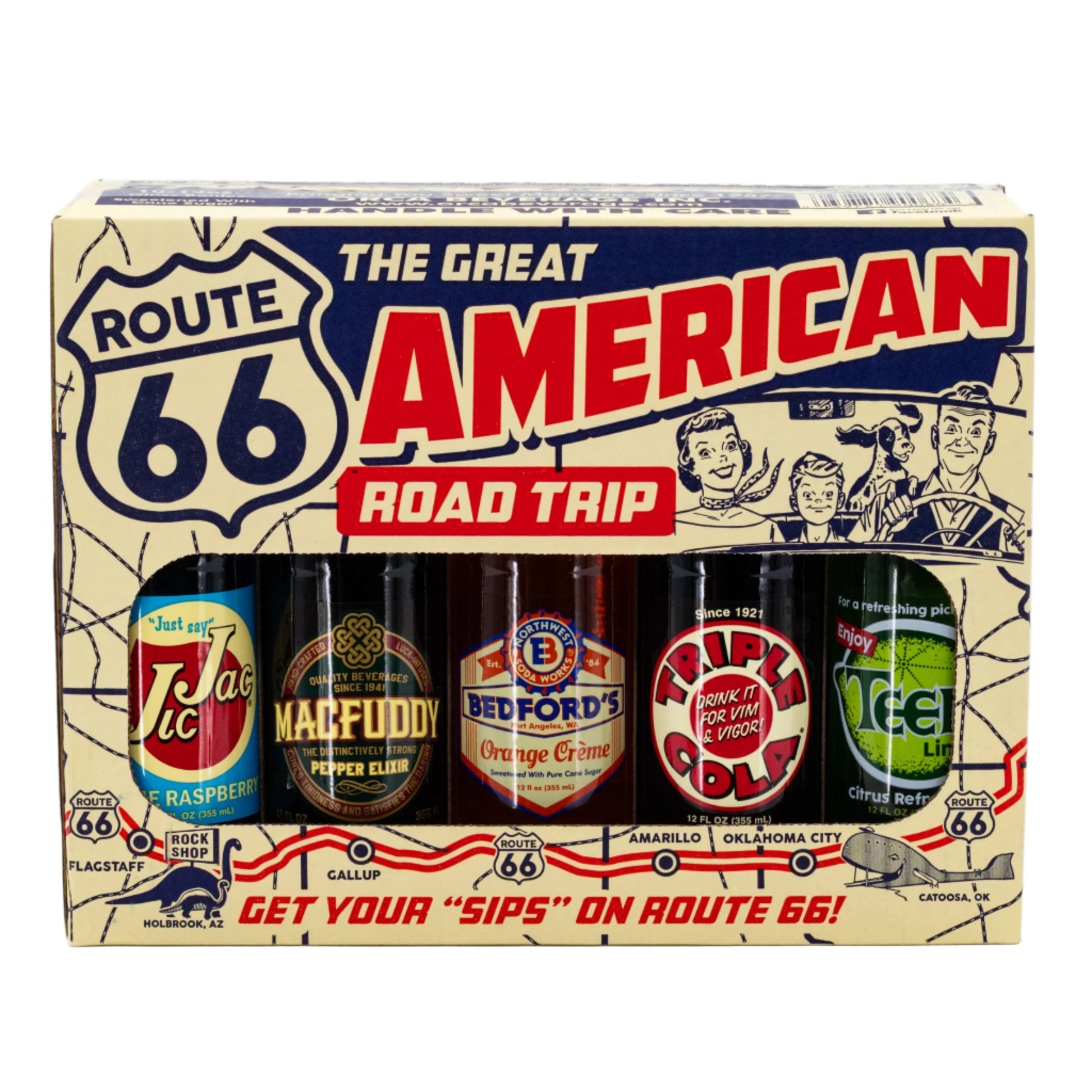 Six vintage soda bottles from The Great American Road Trip 10 pack by Brenmar, showcasing colorful labels and classic glass bottles.