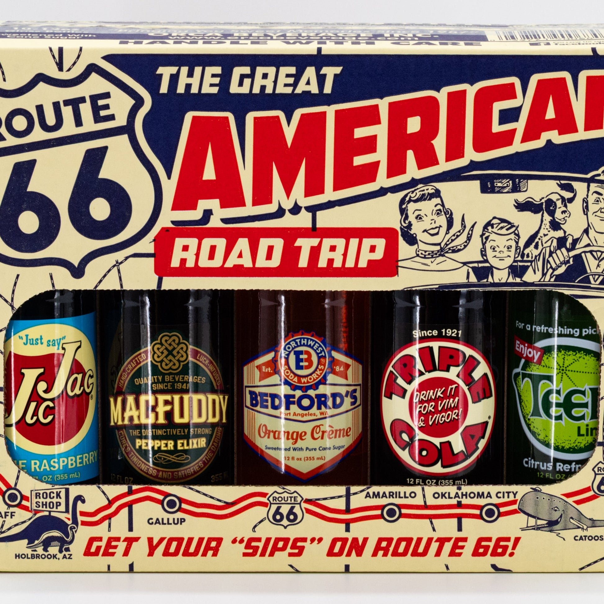 Vintage soda 10 pack from Brenmar featuring five flavors, ideal for a classic American road trip beverage collection.